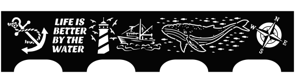 A black steel fire pit panel featuring intricate laser-cut designs, including an anchor entwined with rope, a lighthouse with seagulls, a fishing boat on waves, a whale with fish, and a compass rose. The phrase 'Life is Better by the Water' is prominently cut into the steel, adding a rustic coastal charm to the piece.